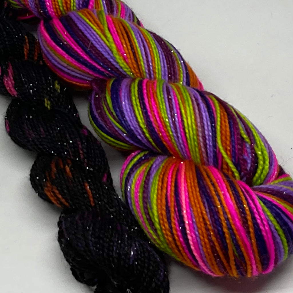 Kooky Halloween Six Stripe Self Striping Yarn with Speckled Mini Skein