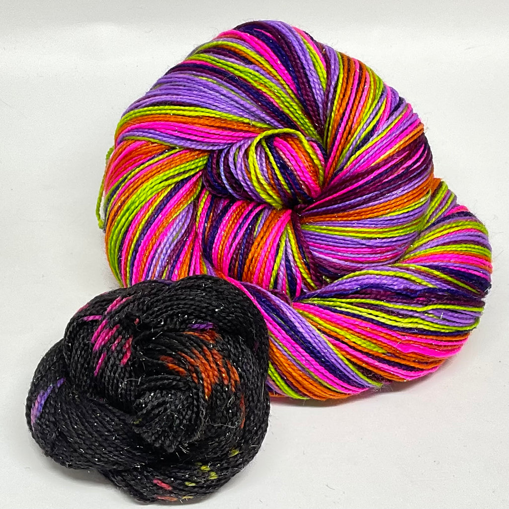Kooky Halloween Six Stripe Self Striping Yarn with Speckled Mini Skein