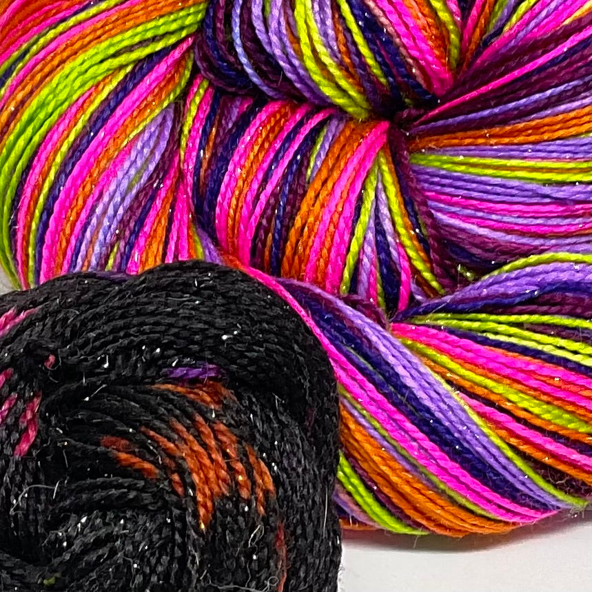 Kooky Halloween Six Stripe Self Striping Yarn with Speckled Mini Skein