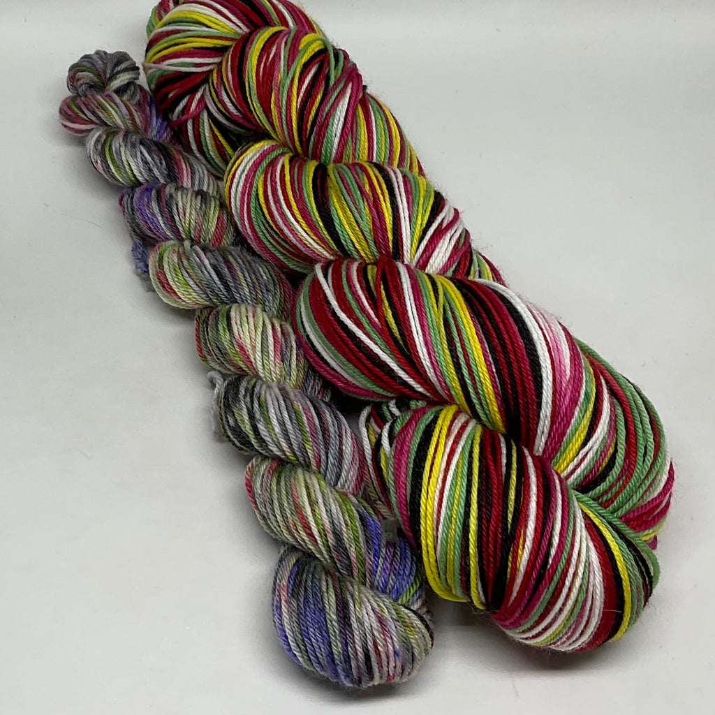 Zombie Barbie Six Stripe Self Striping Sock Yarn with Coordinating Mini Skein