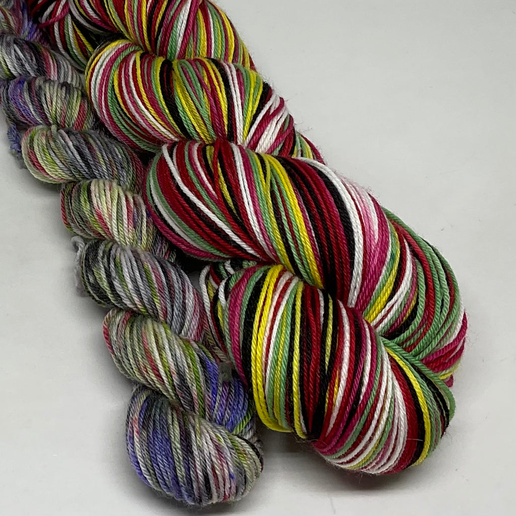Zombie Barbie Six Stripe Self Striping Sock Yarn with Coordinating Mini Skein