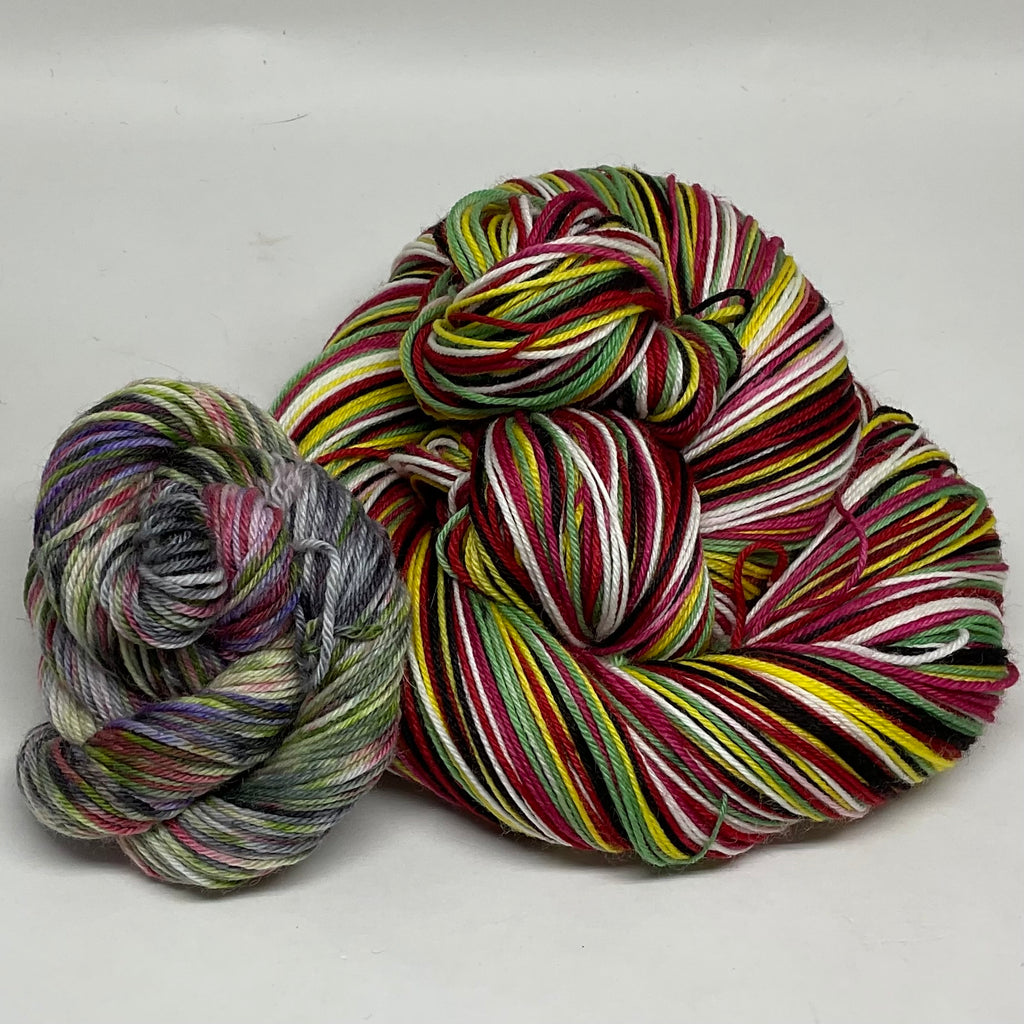 Zombie Barbie Six Stripe Self Striping Sock Yarn with Coordinating Mini Skein