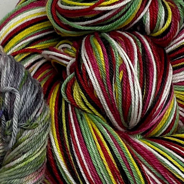 Zombie Barbie Six Stripe Self Striping Sock Yarn with Coordinating Mini Skein