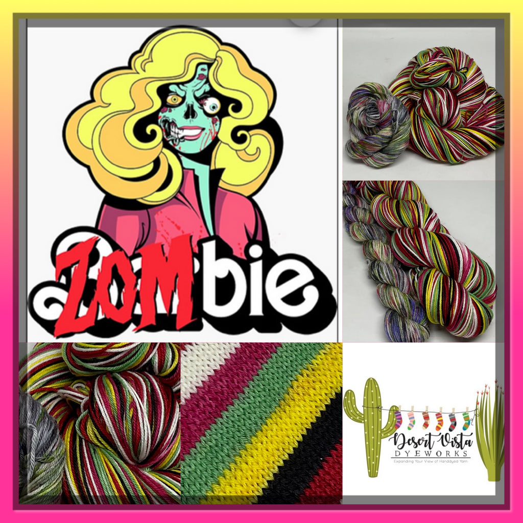 Zombie Barbie Six Stripe Self Striping Sock Yarn with Coordinating Mini Skein