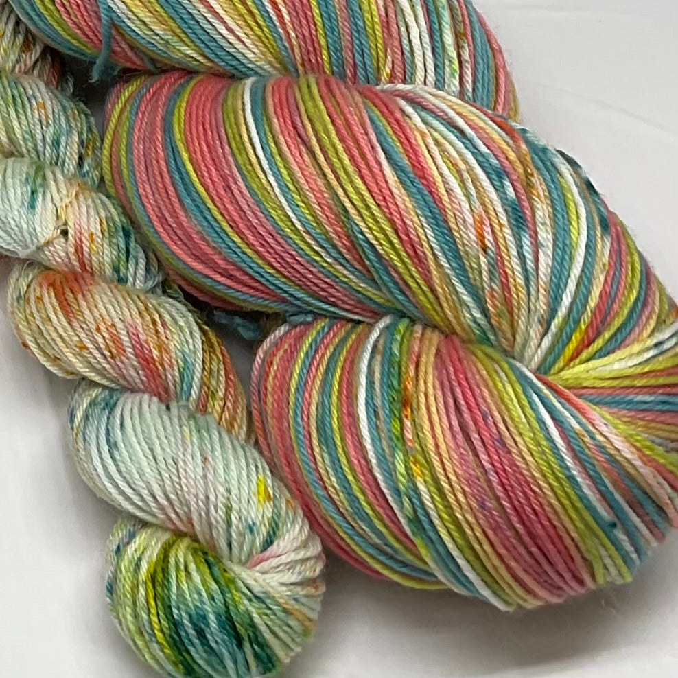 West Coast Summertime Six Stripe Self Striping Yarn with Speckled Mini Skein