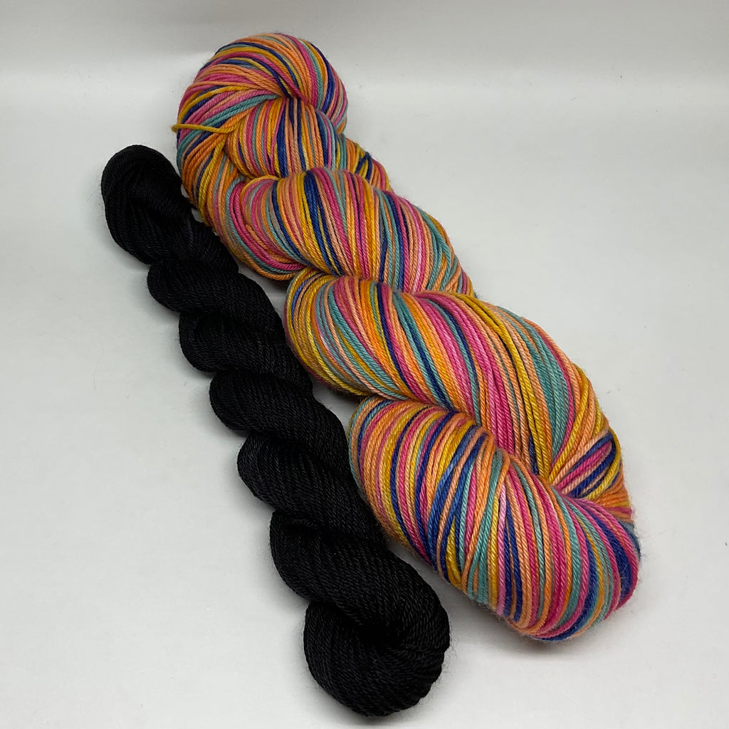 Treat People with Kindness Six Stripe Self Striping Sock Yarn with Coordinating Mini Skein