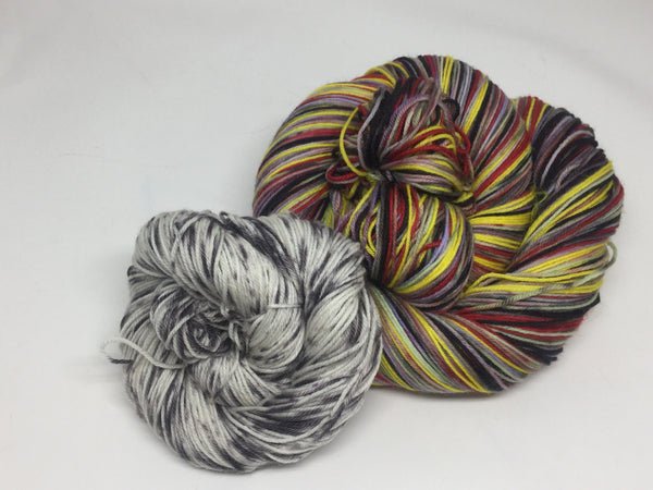 Zombody DeVil Six Stripe Self Striping Yarn with mini skein for toes and heels