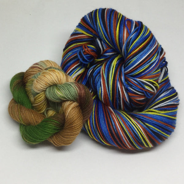 Nemo and Dory and Crush Eight Stripe Self Striping Sock Yarn with Sea Turtle Toe and Heel Mini Skein