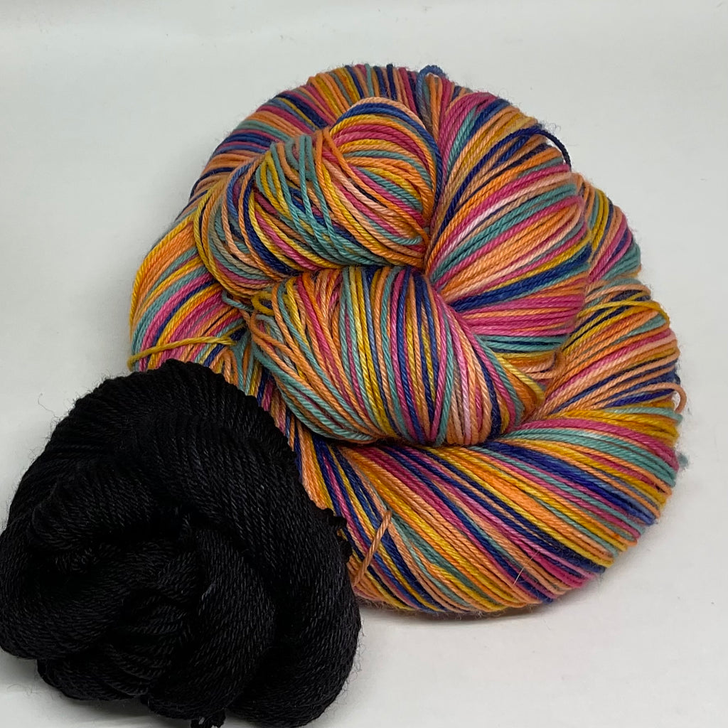 Treat People with Kindness Six Stripe Self Striping Sock Yarn with Coordinating Mini Skein