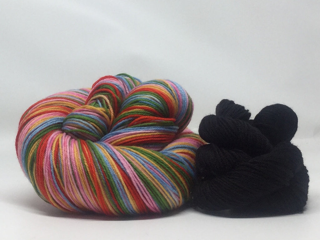 Laugh-In Five Stripe Self Striping Yarn with Black Mini Skein