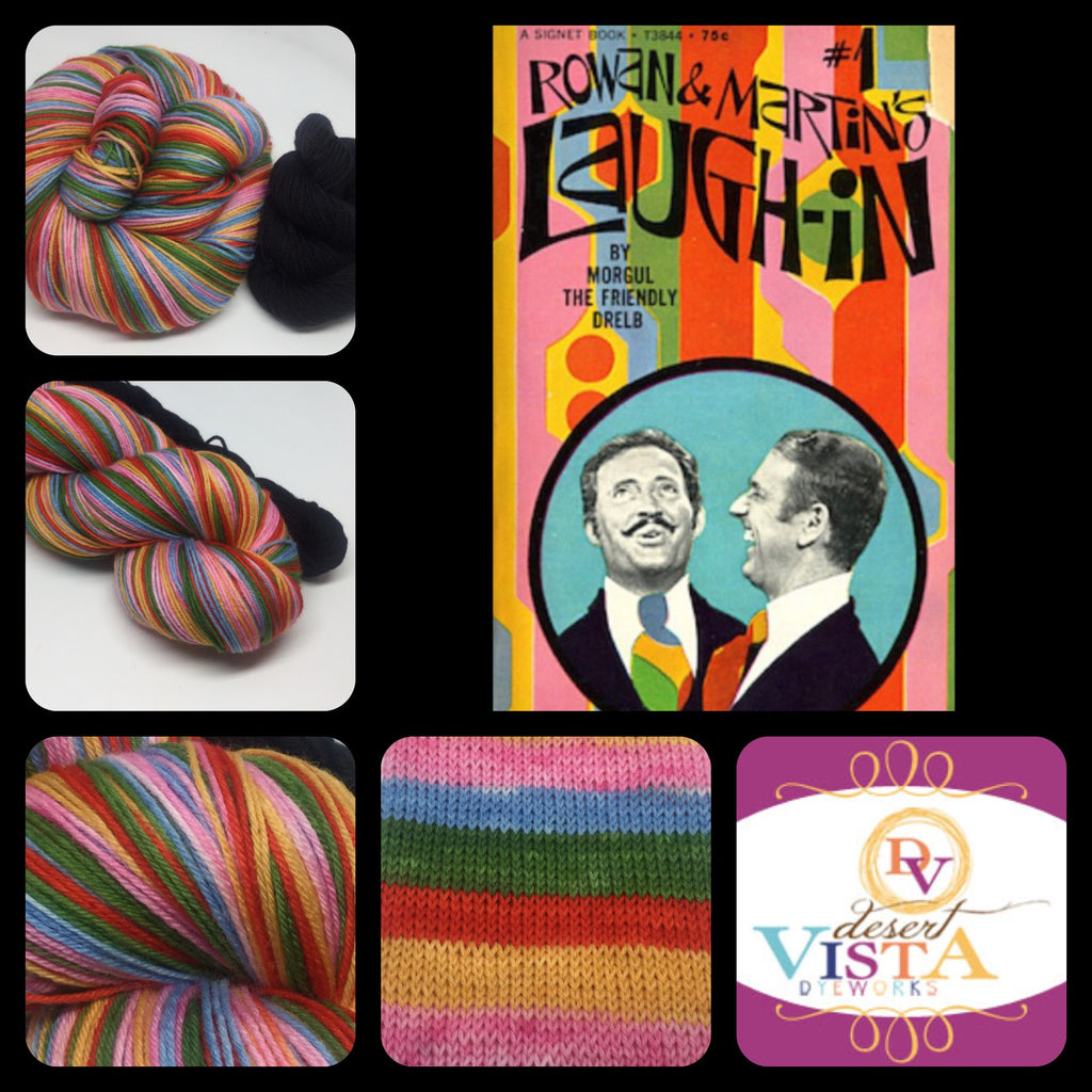 Laugh-In Five Stripe Self Striping Yarn with Black Mini Skein