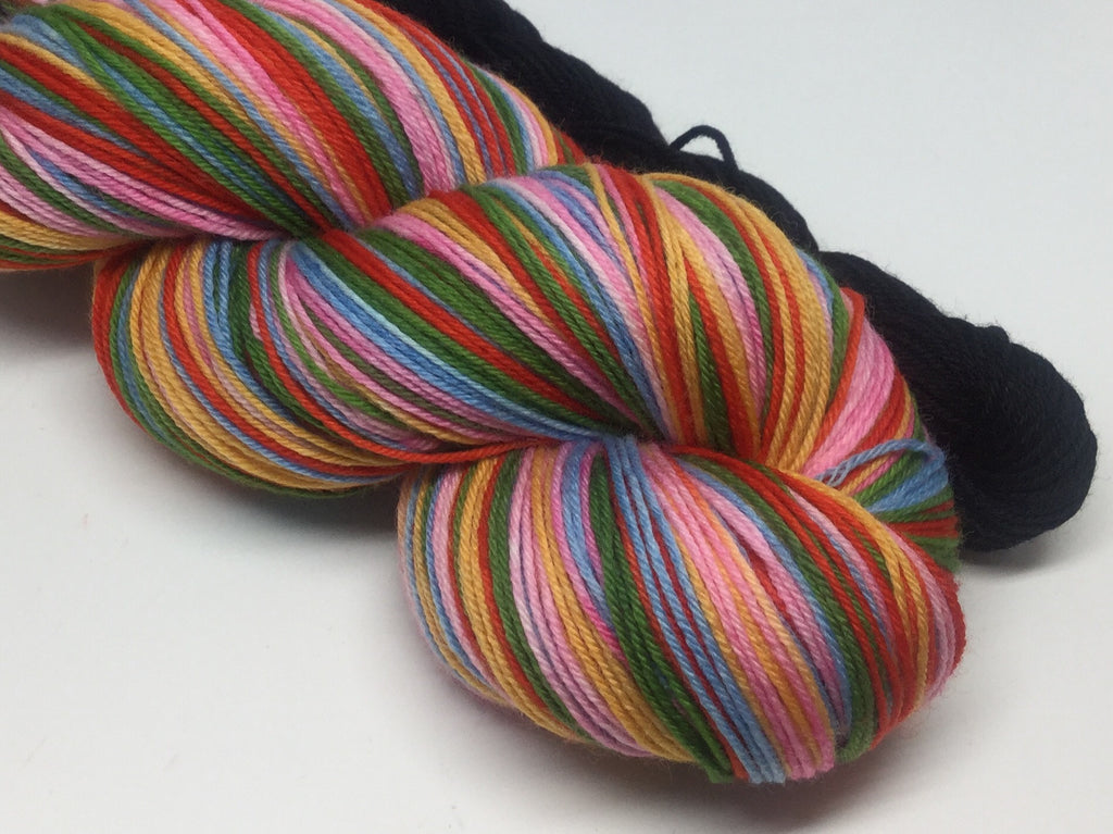 Laugh-In Five Stripe Self Striping Yarn with Black Mini Skein